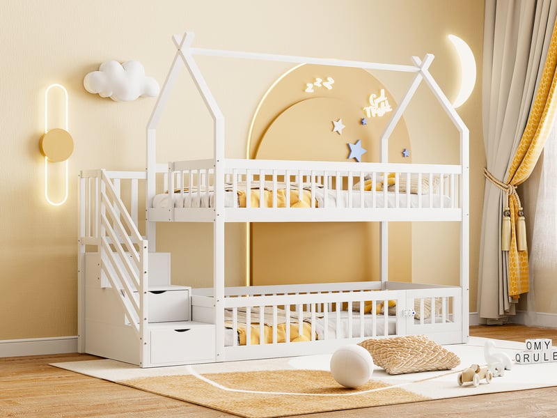  Lit superposé cabane 90 × 200 cm, pin massif, escalier sécurisé avec tiroirs intégrés, barrières, blanc  - Conforama B