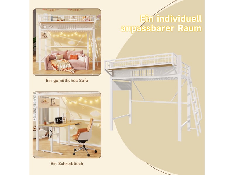  Lit mezzanine simple 90×200 cm avec rangements et espace ouvert - okmyhome- en métal blanc, sans matelas  - Conforama E