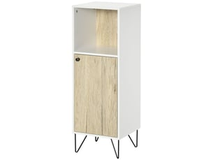Meuble de salle de bain avec compartiment ouvert et porte, meuble en bois multifonctionnel gain de place, 31,5 x 30 x 91 cm, chêne et blanc
