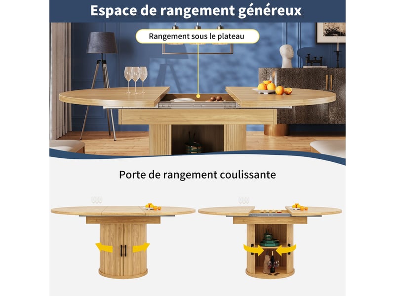  Table à manger extensible naturel, rangement, casier à vin, étagères réglables, confort, solide, robuste - mdf - 118x118x76.8cm  - Conforama C