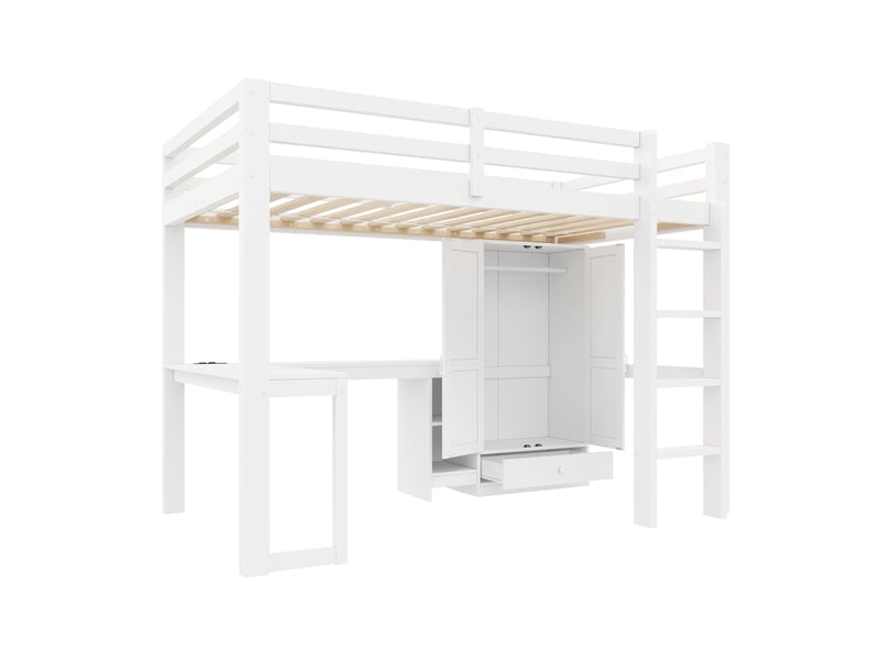  Lit mezzanine 90 × 200 cm, bureau, étagères et armoire intégrés, connexion usb et éclairage led, pin et mdf, blanc  - Conforama E
