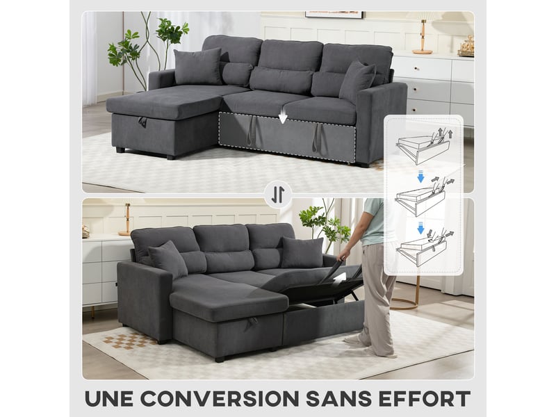  Canapé d'angle convertible en velours côtelé, canapé-lit 3 places avec rangement caché, coussins, gris, 205x135x76cm  - Conforama E