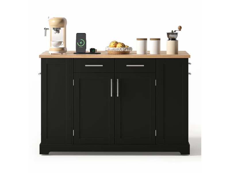  Ilot central de cuisine - 138x86x92cm - desserte de cuisine avec plateau bois naturel, prises, roulettes et poubelle - noir et bois  - Conforama A