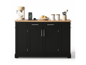 Ilot central de cuisine - 138x86x92cm - desserte de cuisine avec plateau bois naturel, prises, roulettes et poubelle - noir et bois