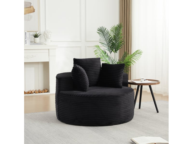 Fauteuil pouf rond 1 place avec trois coussins, larges accoudoirs et dessous antidérapant en velours côtelé noir - Conforama D