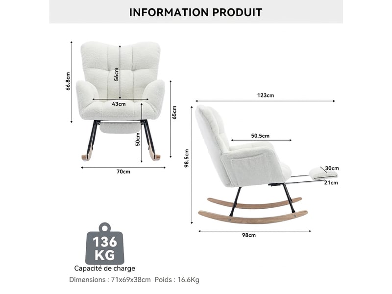  Fauteuil à bascule en tissu teddy blanc avec repose-pieds escamotable  - Conforama E