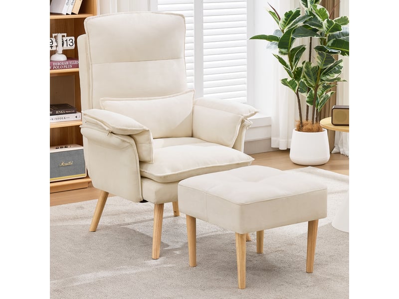  Fauteuil relax avec pouf dossier réglable 5 positions et coussin de soutien, en tissu effet lin beige  - Conforama B
