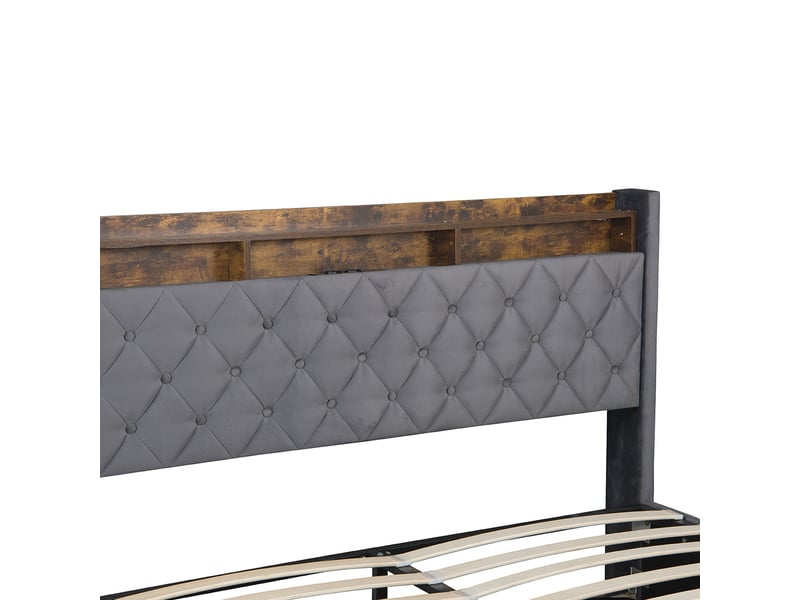  Lit coffre enfant 140x190 cm avec led, port usb, sommier et espace de rangement, velours, gris, sans matelas  - Conforama D