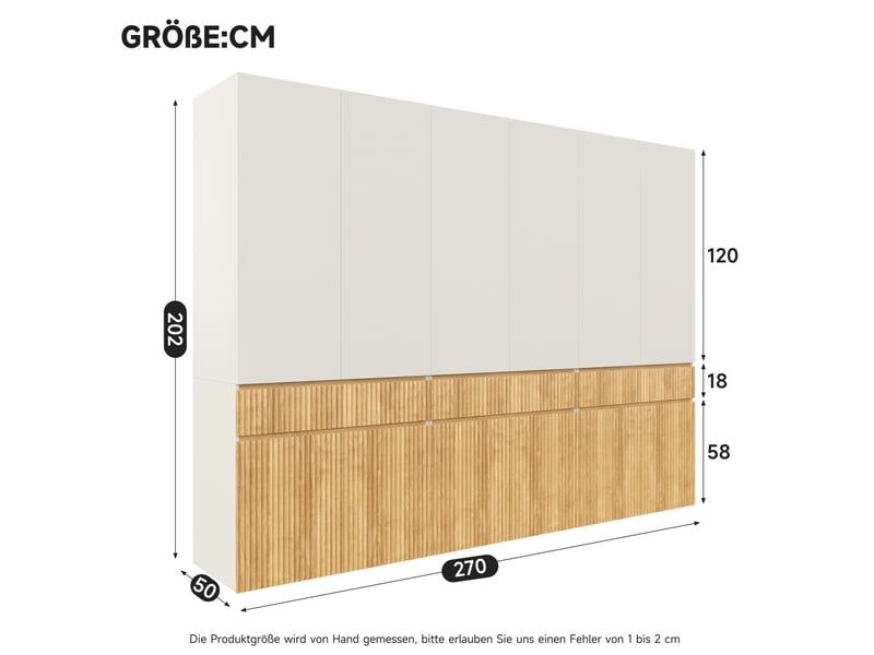  Armoire 12 portes avec 3 tiroirs et 3 penderies, finition chêne clair et gris, pour chambre, 270 × 50 × 200 cm  - Conforama D