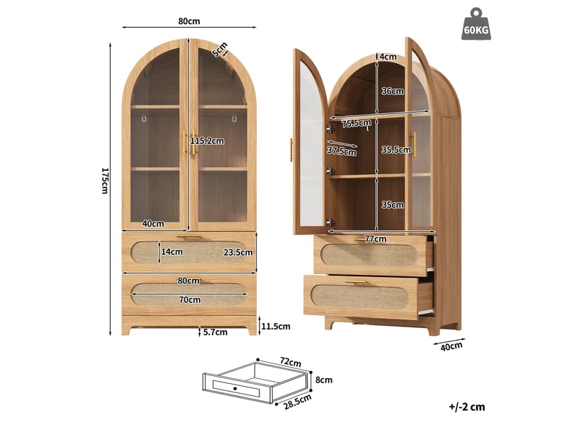  Vitrine bibliothèque 80 x 40 x 175 cm, 2 portes cintrées style montmartre, 2 tiroirs et étagères réglables, décor chêne ABC - Conforama C