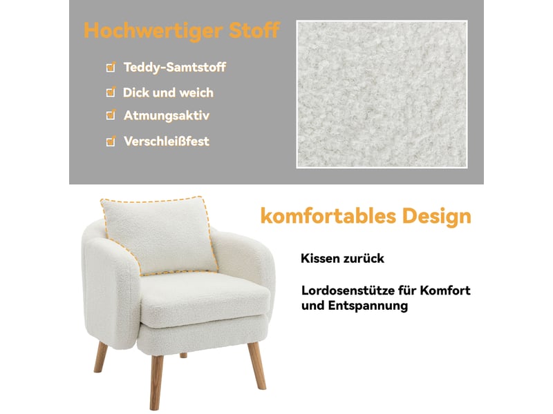  Fauteuil blanc en velours teddy, assise rembourrée avec coussin, structure bois massif et métal, design moderne pour salon  - Conforama D