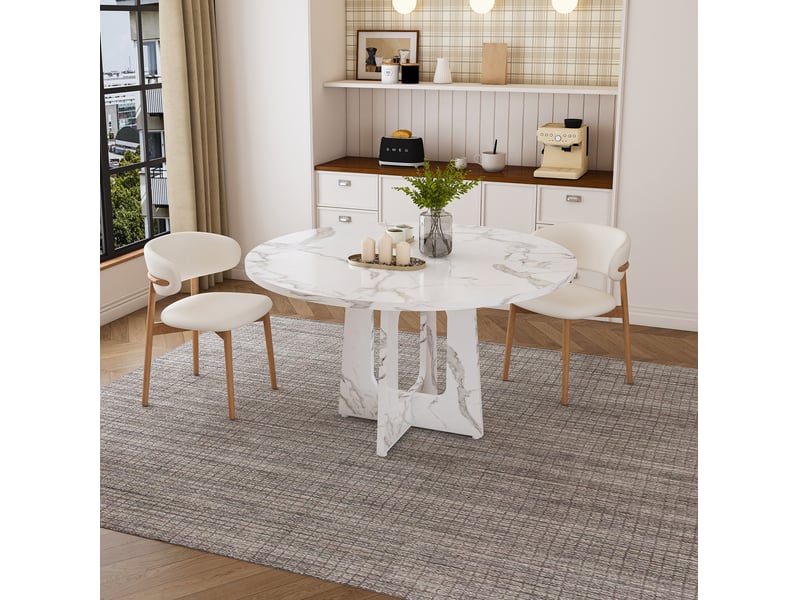  Table à manger ronde, 120x76 cm, pour 4 à 6 personnes décor marbre, repas, salle à manger, pratique, mdf, coloris blanc  - Conforama D