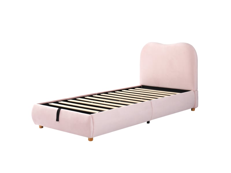  Lit rembourré pour enfant 90 × 200 cm, rangement hydraulique, avec sommier, tête de lit, tête de lit rembourrée, velours, rose  - Conforama R