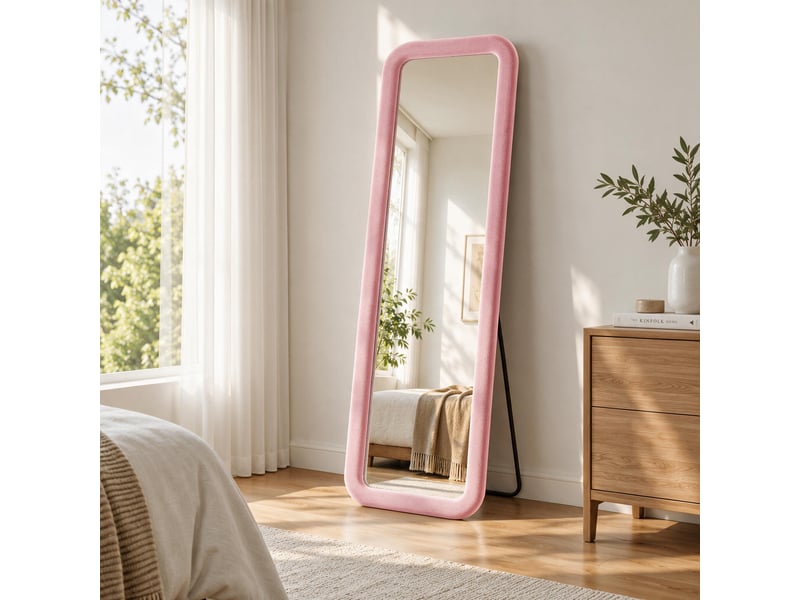 Miroir pleine longueur 160x50 cm, dressing rectangle arrondi, pour chambre et salon, cadre en velours style romantique, avec pied u, rose - Conforama C