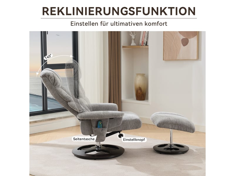  Fauteuil relax massage,83,5x81x111 cm,chauffant avec repose-pieds,chenille,gris  - Conforama E