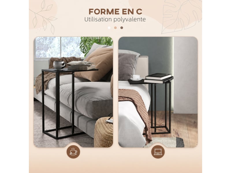  Table d'appoint en forme de c, bout de canapé noir avec cadre en acier robuste, table pour ordinateur portable, 46x26x60 cm.  - Conforama R