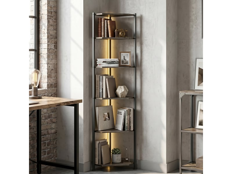  Bibliothèque d'angle à 5 niveaux avec éclairage led pour salon, chambre, bureau, marron rustique  - Conforama D
