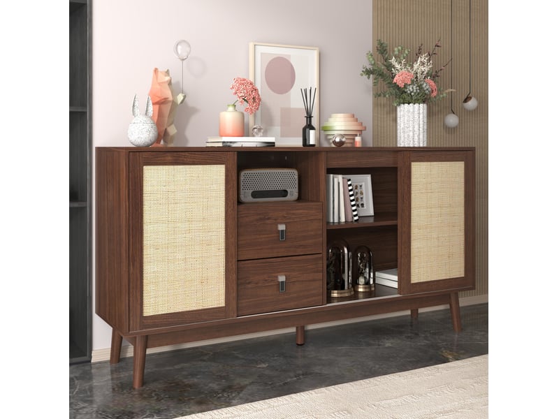 Buffet 3 portes coulissantes en rotin et 2 tiroirs, 155x38x80 cm, bois foncé - Conforama R