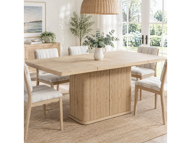  Table de salle à manger extensible avec rangement caché et 2 portes, plateau de 140 à 180 cm, bois clair, pour cuisine  - Conforama C