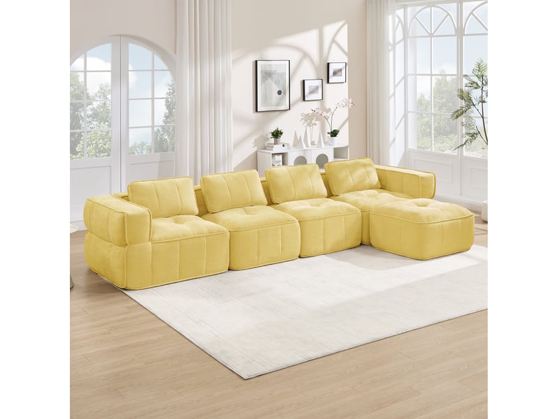  Canapé modulable 4 places 344x162x67 cm, sans cadre, d, 32, mousse haute densité, assise profonde, avec pouf, polyester, jaune  - Conforama B