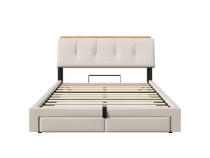 Lit coffre 140x200 cm, lit double, rangement hydraulique, led, usb et usb-c, lin beige