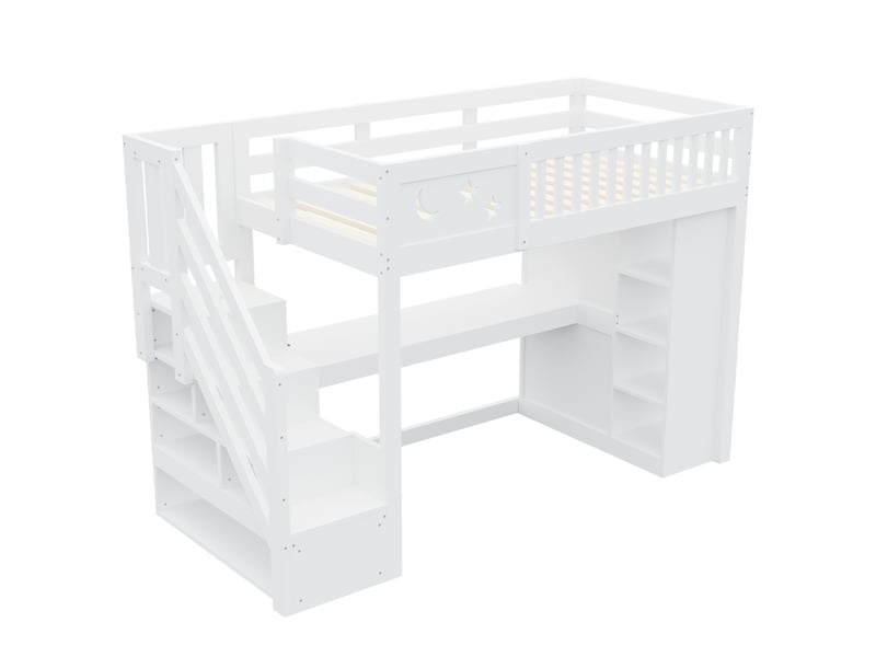  Lit mezzanine 90 x 200 cm avec bureau, led, prises et escalier de rangement, lit simple en bois avec armoire ouverte et étagères intégrées - blanc  - Conforama E