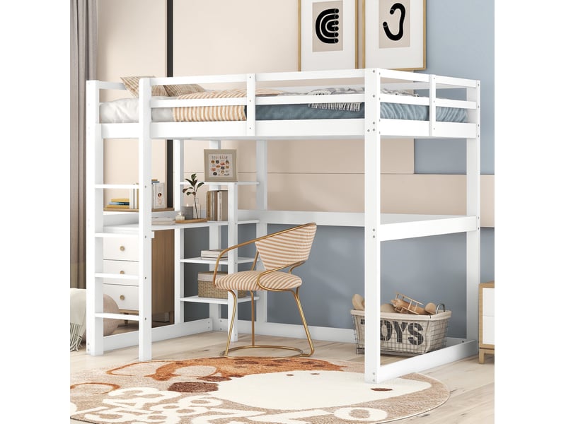  Lit mezzanine enfant 140 x 200 cm avec bureau et 4 rangements en pin, blanc  - Conforama D