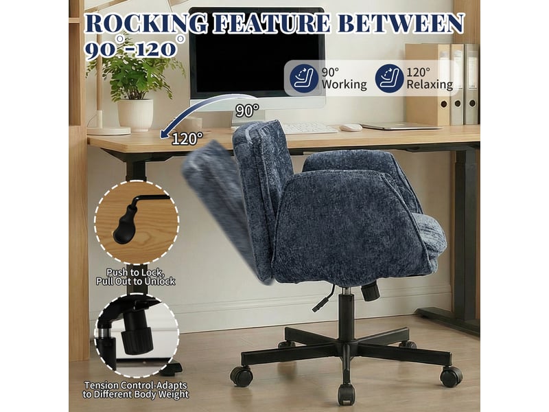  Chaise de bureau bleue pivotante, réglable avec accoudoirs rabattables, 150 kg  - Conforama E