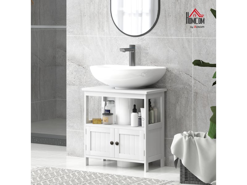 Meuble sous-évier avec 2 portes et étagère ouverte, meuble sous-évier indépendant, 60 x 30 x 60 cm, blanc  - Conforama D