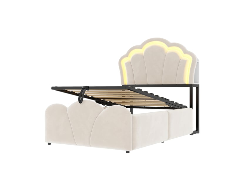 Lit velours beige 90x200 cm, rangement hydraulique, led, prises et tête fleur - Conforama E