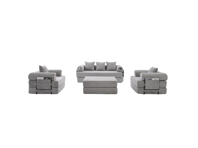  Canapé modulable 4 places en velours côtelé gris clair avec fauteuil et pouf  - Conforama A
