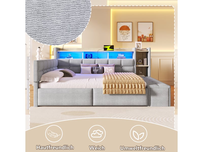  Lit de jour canapé-lit, 140 × 190 cm, gris, velours, 2 tiroirs, banquette coffre, rangements, led, usb + type-c, sans matelas  - Conforama D