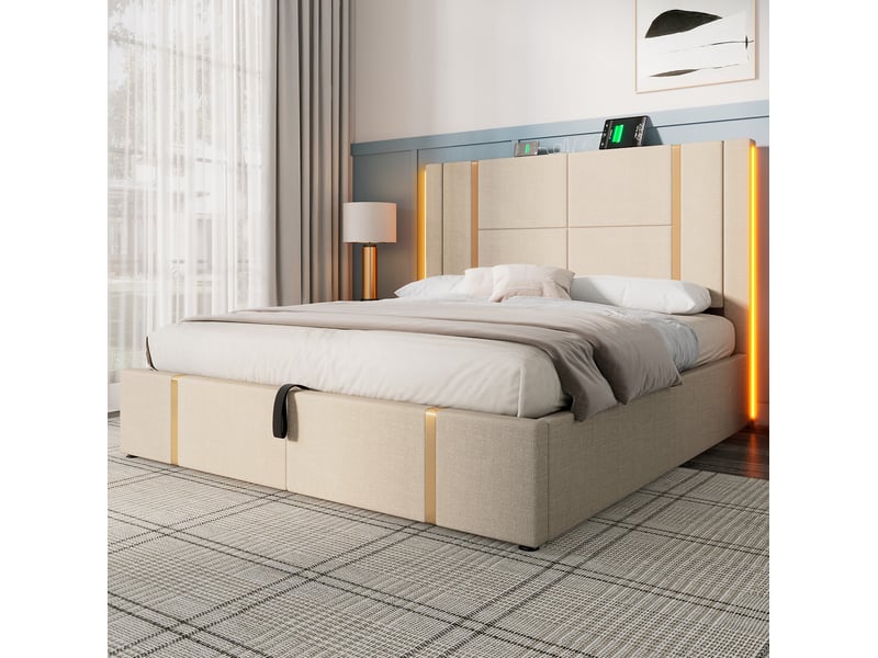  Lit coffre tcqpz 160 x 200 cm led usb type-c tête de lit chargeur rangement beige lin  - Conforama E