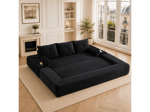 Canapé convertible 3 places en velours côtelé noir avec coffre et porte-gobelets intégrés