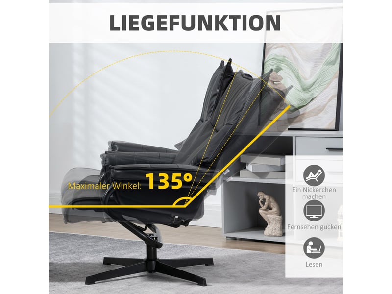  Fauteuil pivotant 84x105x101 cm avec repose-pieds, dossier inclinable 135°, noir  - Conforama E