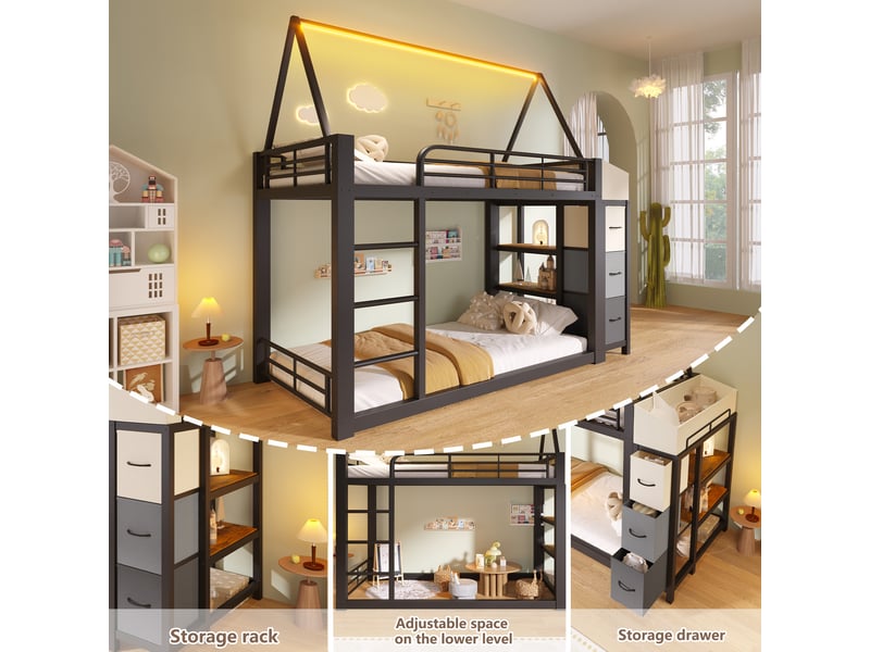 Lit mezzanine cabane 90 x 200 cm avec étagères ouvertes, tiroirs en tissu et led multicolore, structure en mdf et métal noir, sans matelas - Conforama D