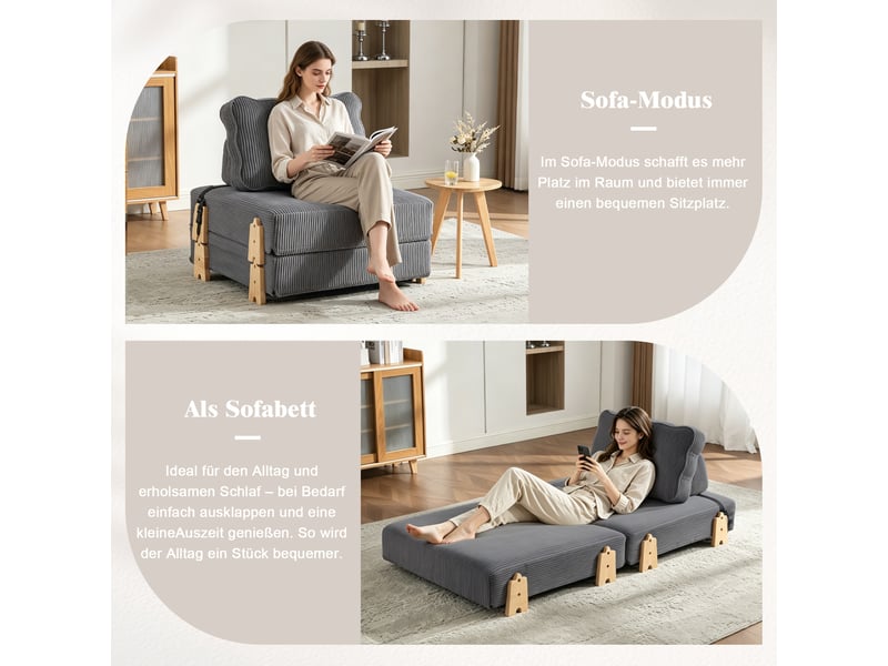  Canapé convertible 1 places en velours côtelé gris, dossier ergonomique, structure en bois, 90×170×69 cm  - Conforama E