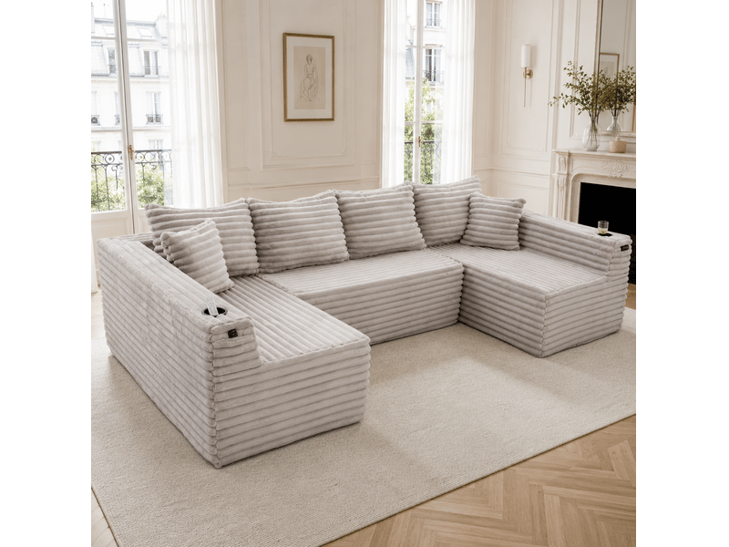  Canapé modulable en u modenvie 6 places 320 x 155 cm velours côtelé gris clair  - Conforama E