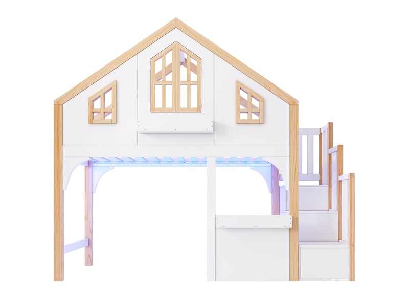  Lit cabane enfant 90x200, lit superposé avec escalier de rangement, éclairage led, finition bicolore blanc et bois naturel.  - Conforama A