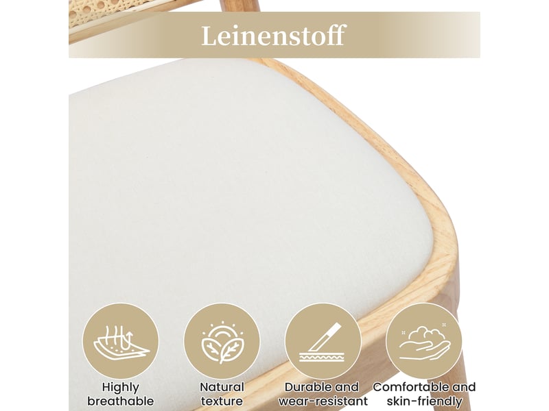  Lot de 6 chaises de salle à manger en bois massif, dossier en rotin tressé, assise rembourrée en lin, charge 150 kg, finition bois naturel  - Conforama D