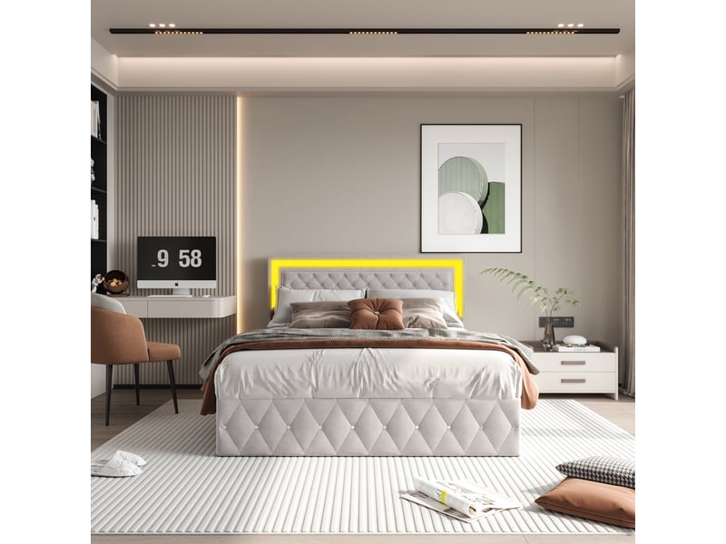  Lit coffre 160x200cm - lit double 160x200 capitonné en velours rangements avec éclairage led - beige  - Conforama C