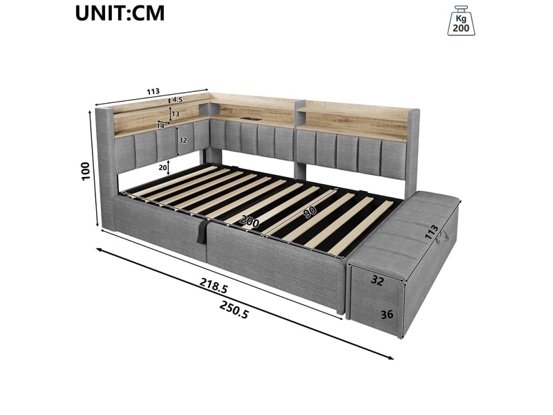  Canapé-lit coffre 90 x 200 cm - avec prise électrique - avec port usb + bande lumineuse led - gris (matelas non inclus)  - Conforama C