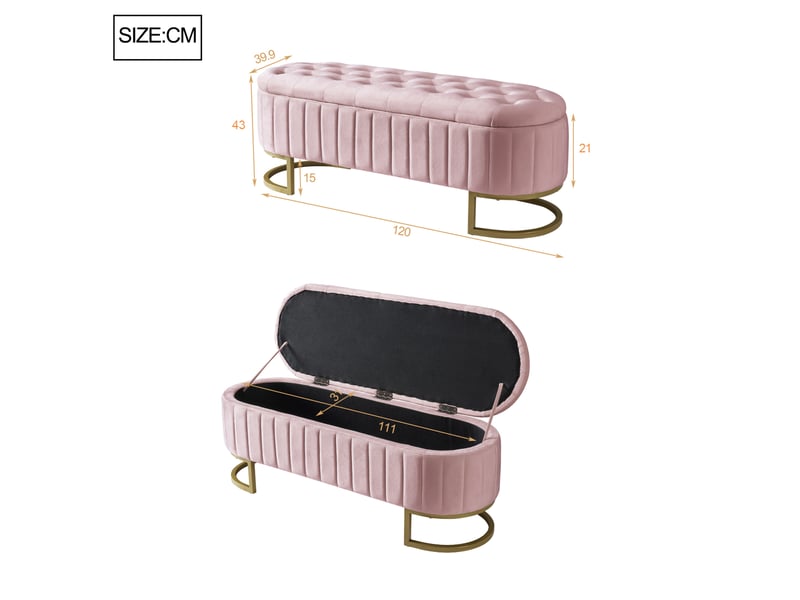  Banc de rangement 120x39,9x43 cm en velours rose avec pieds en métal  - Conforama C