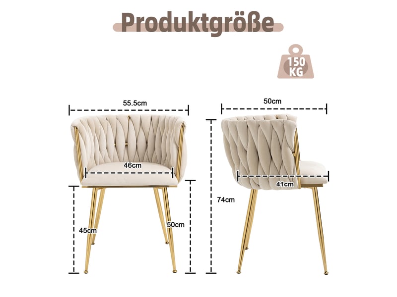  Chaise de salle à manger tcqpz lot de 2 en velours ivoire, dossier arrondi tressé, pieds métalliques dorés, 74 cm  - Conforama C