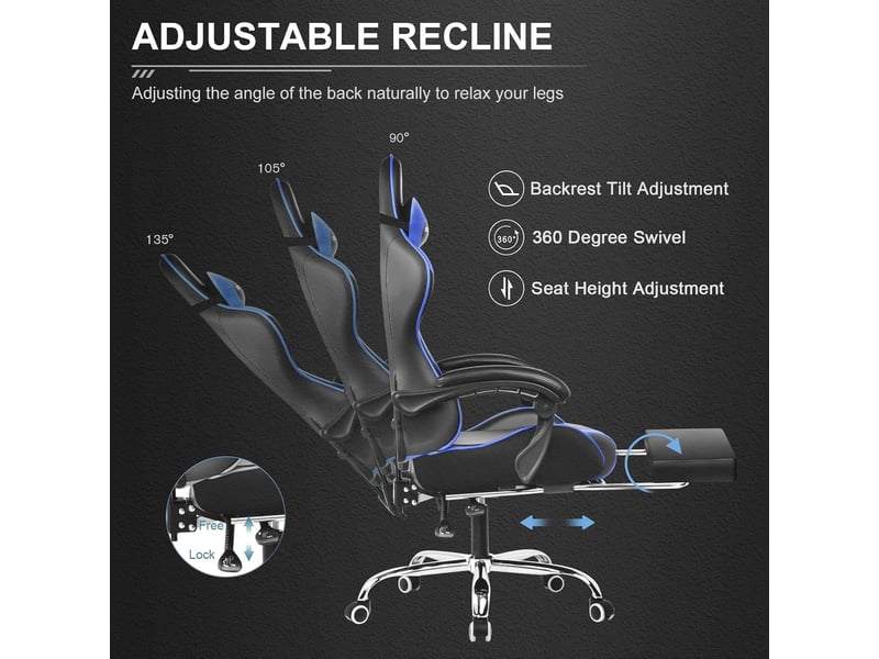  Gtplayer chaise de jeu ergonomique avec repose-pieds, réglable en hauteur - similicuir bleu GT800A-BL - Conforama E