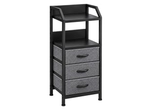 Table de chevet 40x30x75 cm trois tiroirs tissu etagere ouverte gris fonce et noir