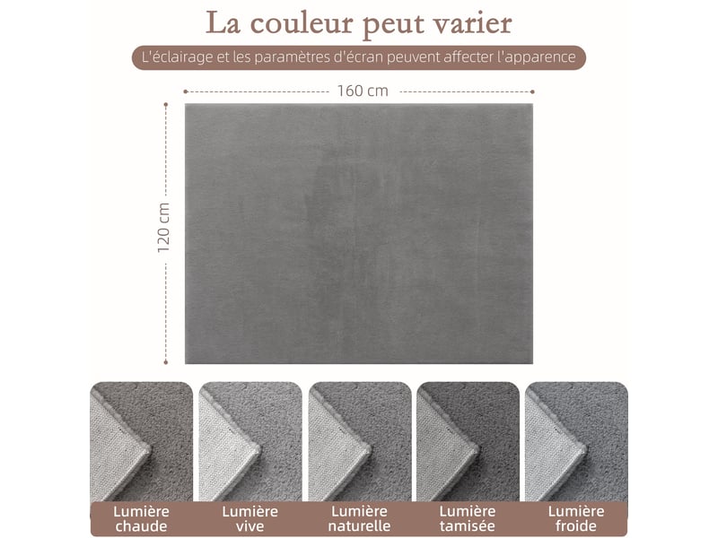  Tapis salon rectangulaire 160 x 120 x 2,5 cm lavable en machine antidérapant doux scandinave en polyester gris clair 21_0003682  - Conforama A