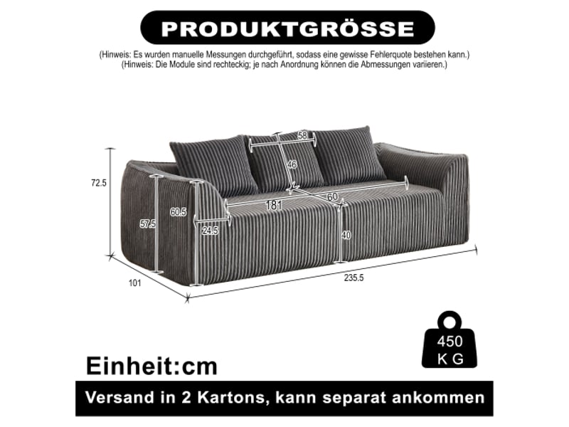  Canapé en velours côtelé 235 cm, design minimaliste, lignes courbes, dossier incliné, 2 coussins inclus, salon moderne  - Conforama C