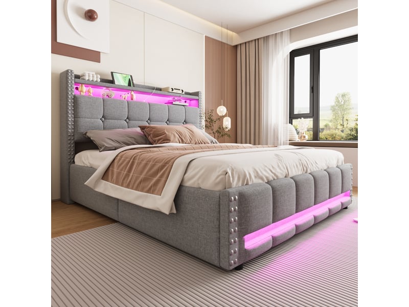  Lit coffre 160x200 cm gris clair en lin, tête de lit de rangement, led, ports usb et mécanisme hydraulique  - Conforama B