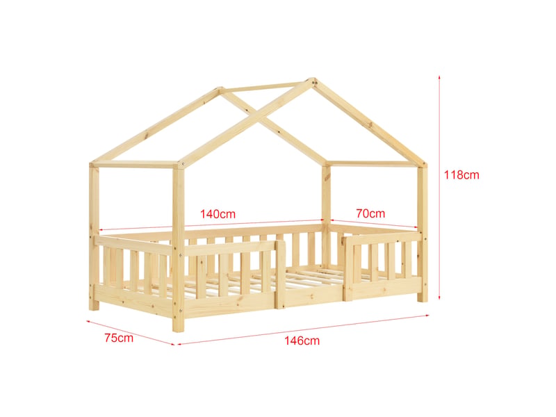 Lit cabane pour enfant forme de maison avec barrière de sécurité en bois de pin couleur naturel 70 x 140 cm 03_0005462 - Conforama C